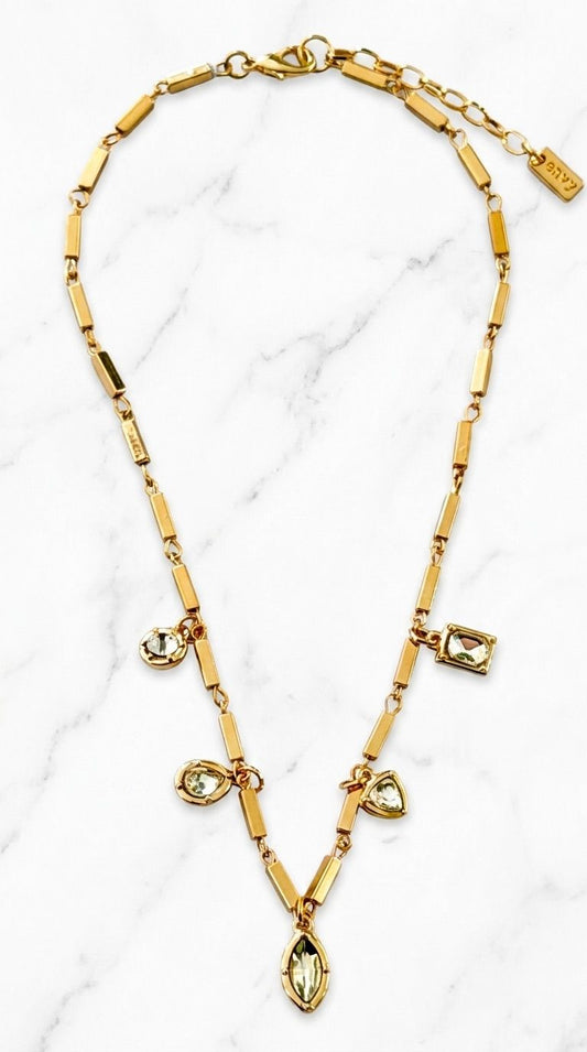 Short Gold Bar Chain Necklace with Smokey Grey Crystal Charm Pendants