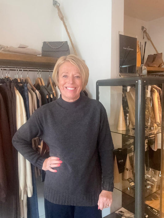 Dark Grey Mock Neck Ribbed Detail Jumper