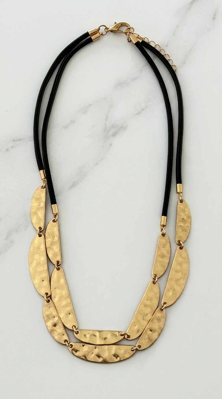 Short Taupe Cord Necklace with Battered Gold Detail