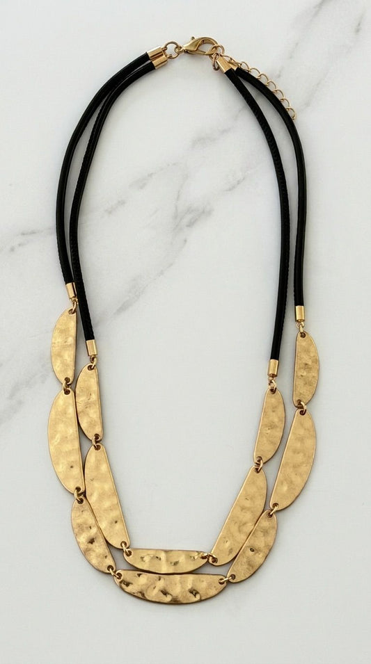 Short Black Cord Necklace with Battered Gold Detail