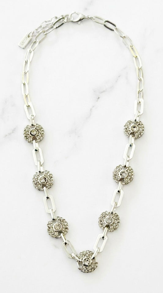 Short Silver Link Necklace with Diamante Circle Detail