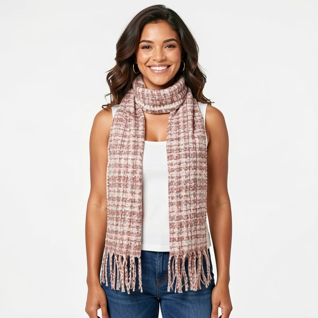 Pink Check Tweed Scarf with long Fringe
