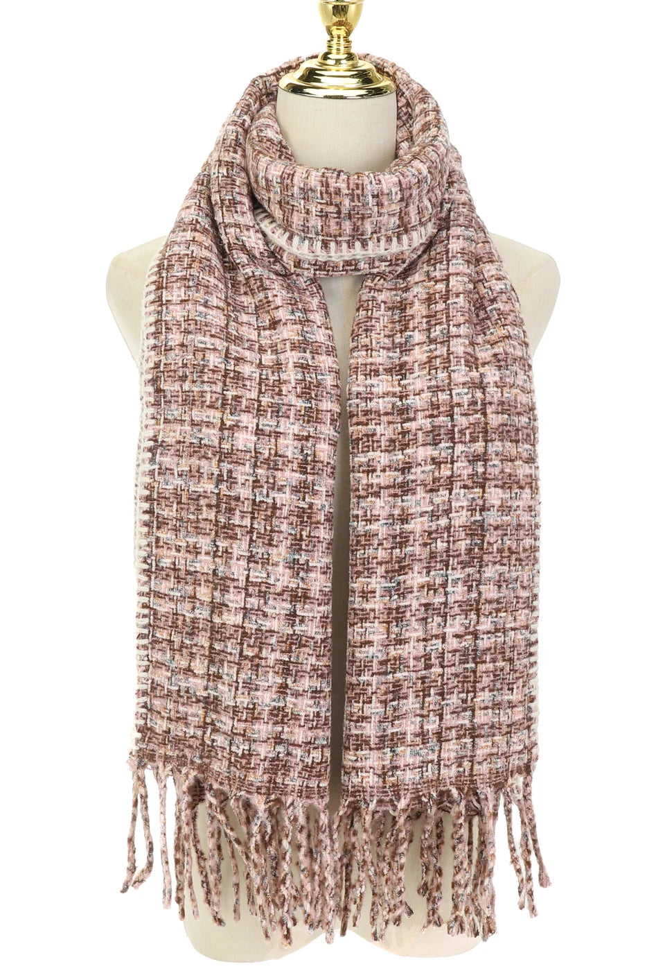 Pink Check Tweed Scarf with long Fringe