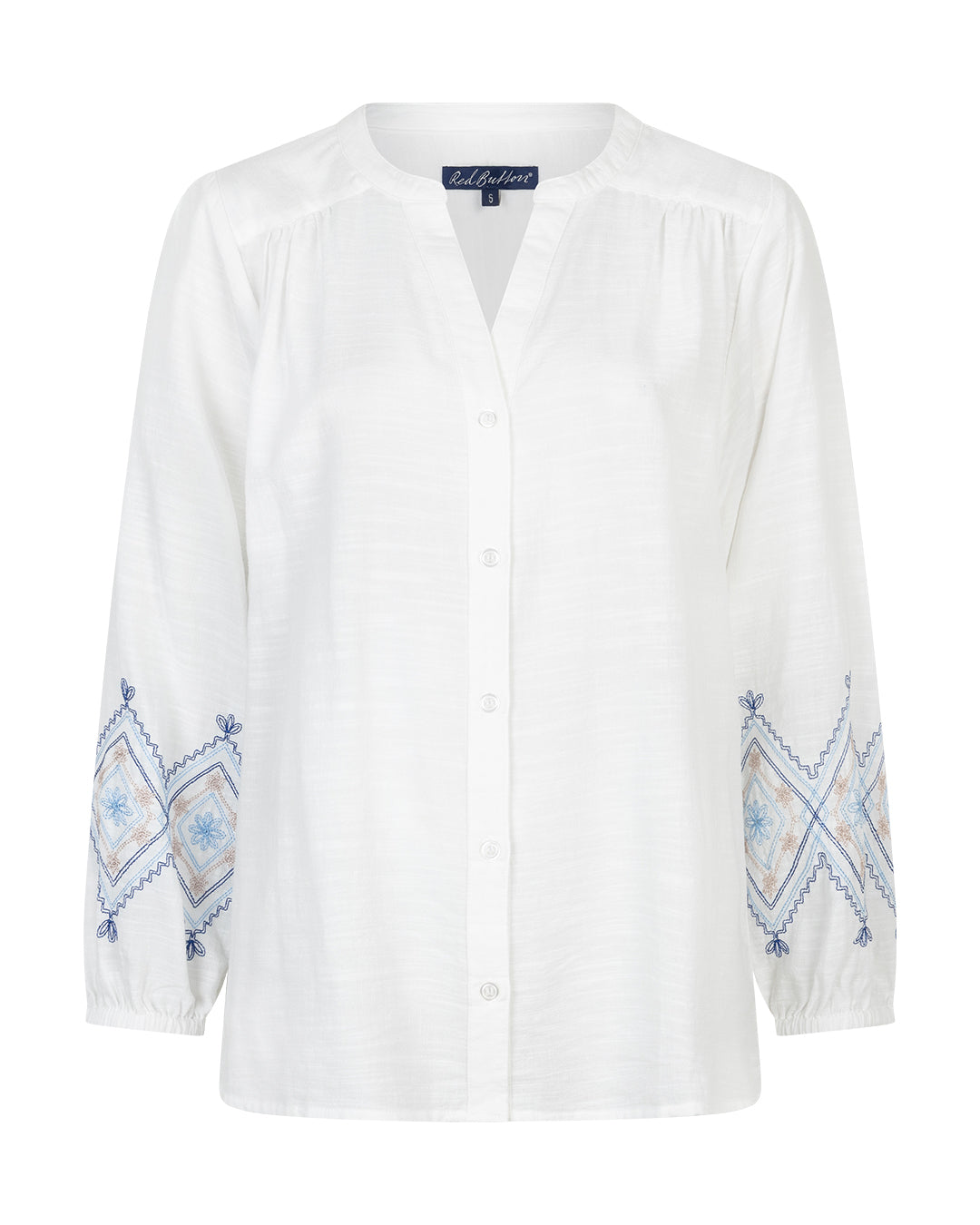White Blouse with Blue Embroidered Detail