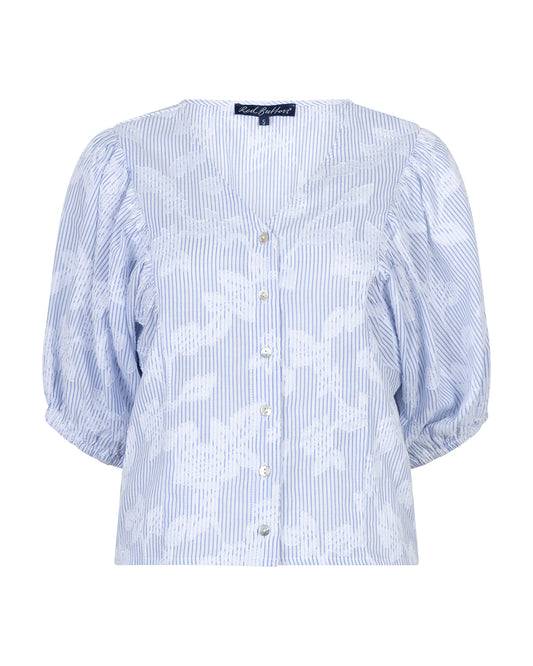 Blue Stripe Balloon Blouse with Floral Print