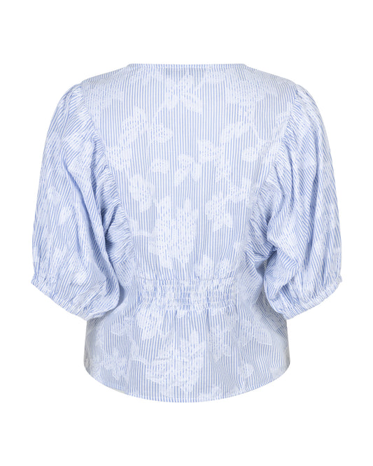 Blue Stripe Balloon Blouse with Floral Print