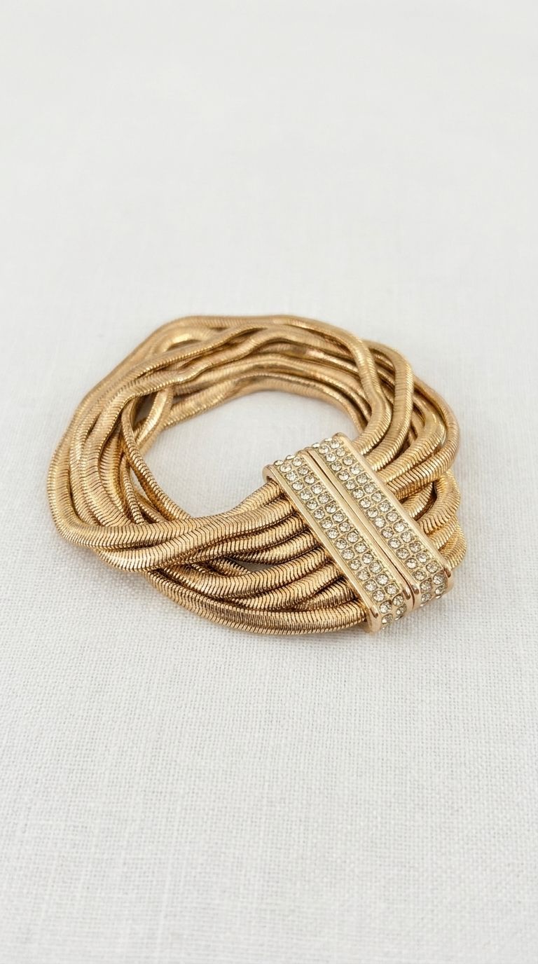 Multi Layered Silver Snake Chain Bracelet with Diamante Detailed Magnetic Clasp