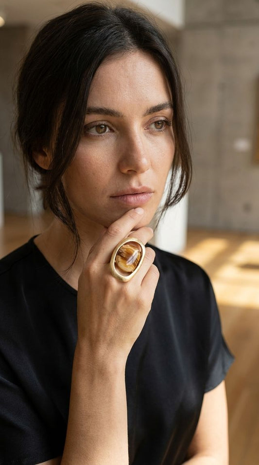 Large Gold Statement Ring with Amber Inset
