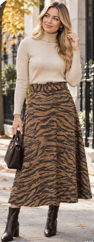 Tan & Black Animal Print Suedette A Line Skirt