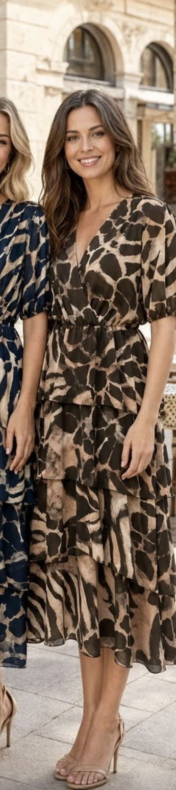Lola Chocolate Brown Short Sleeved Printed Layered Midi Dress