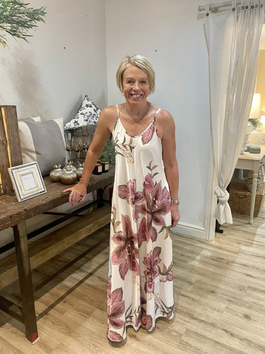 Pink Strappy Satin Look Flower Dress