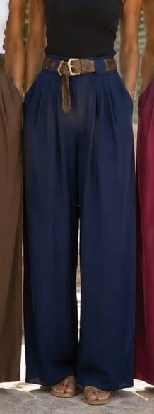 Navy Wide Leg Belted Trousers
