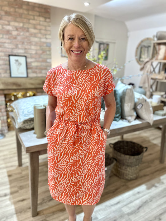 Coral & Cream Print Boat Neck Dress