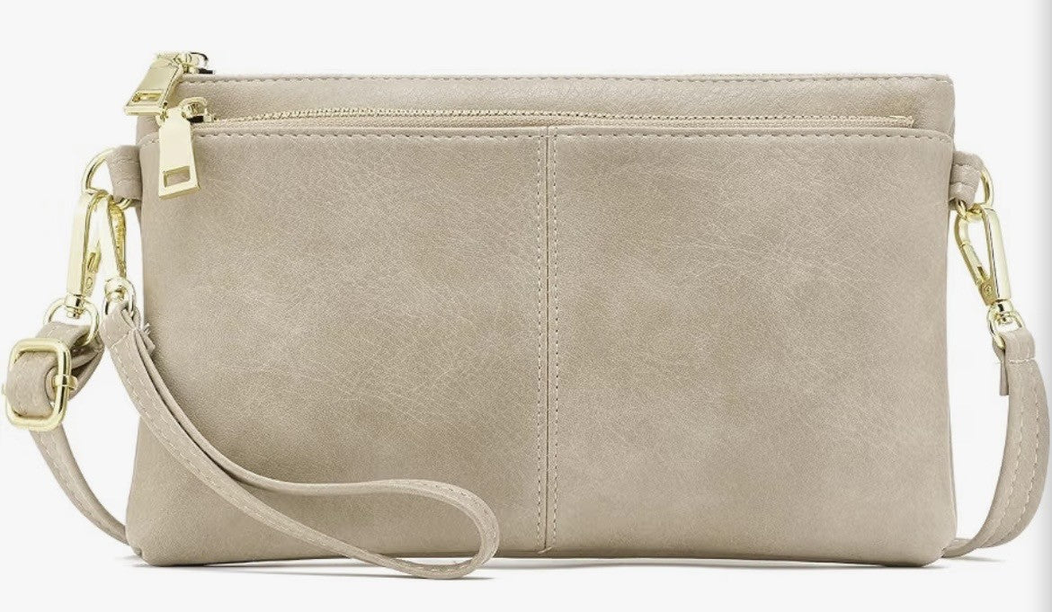 Beige Zip Faux Leather Clutch Bag