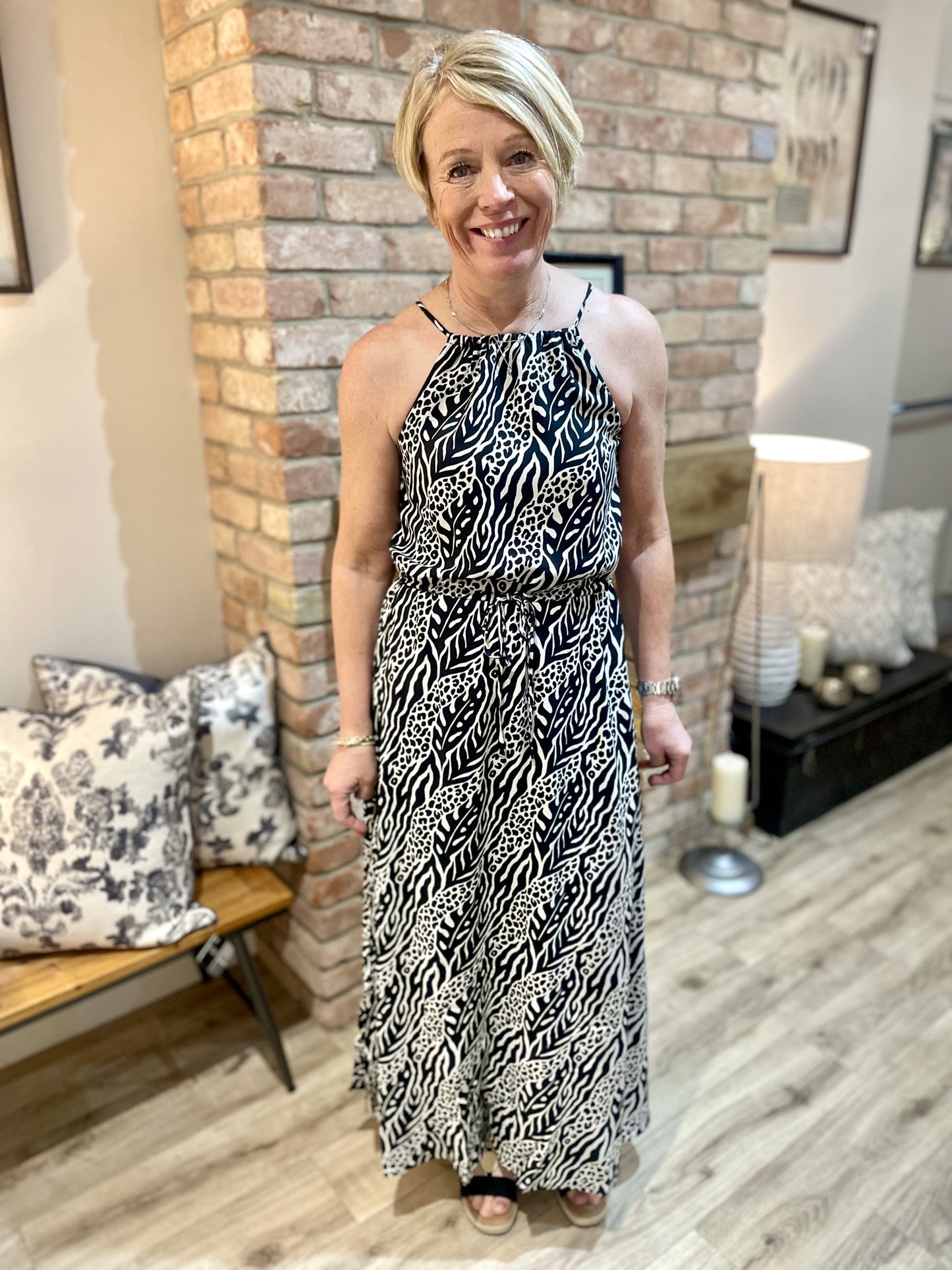 Black & Cream Print Halterneck Maxi Dress
