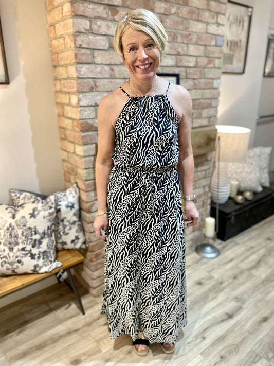 Black & Cream Print Halterneck Maxi Dress