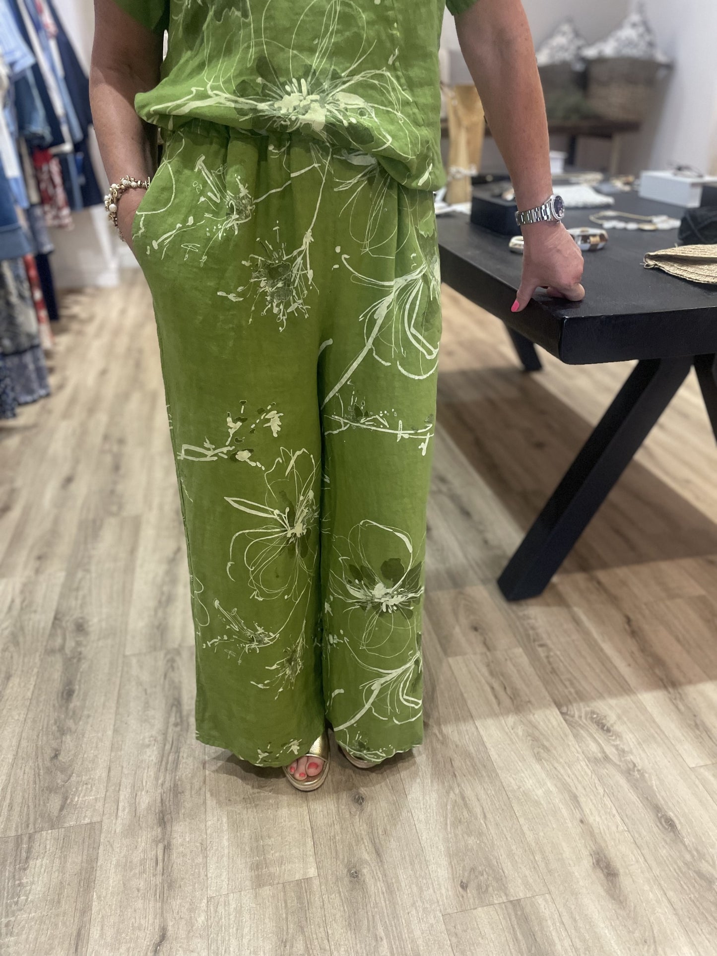 Lime Green Floral Print Wide Leg Trousers