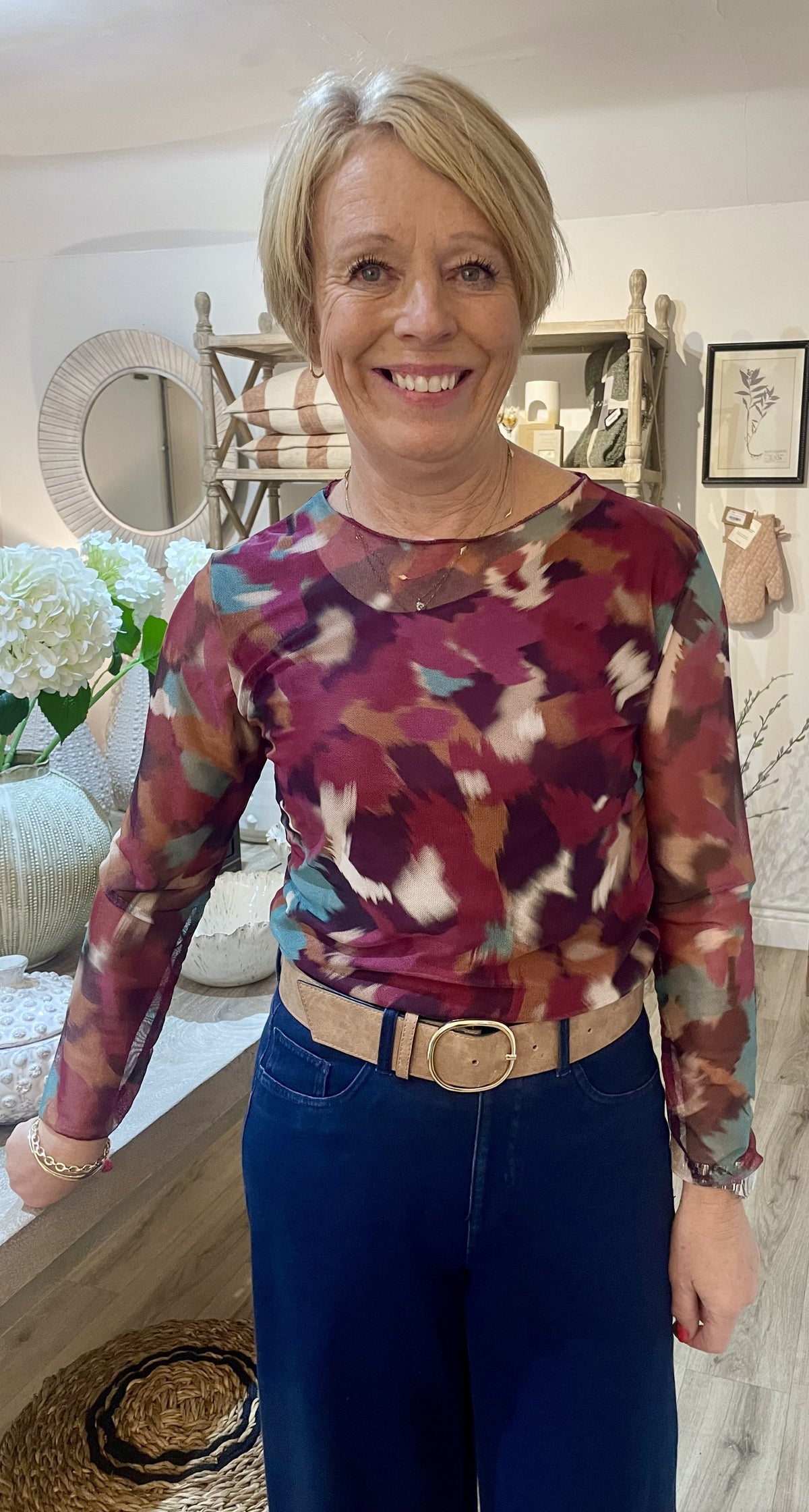 Burgundy & Multi Camo Mesh Top
