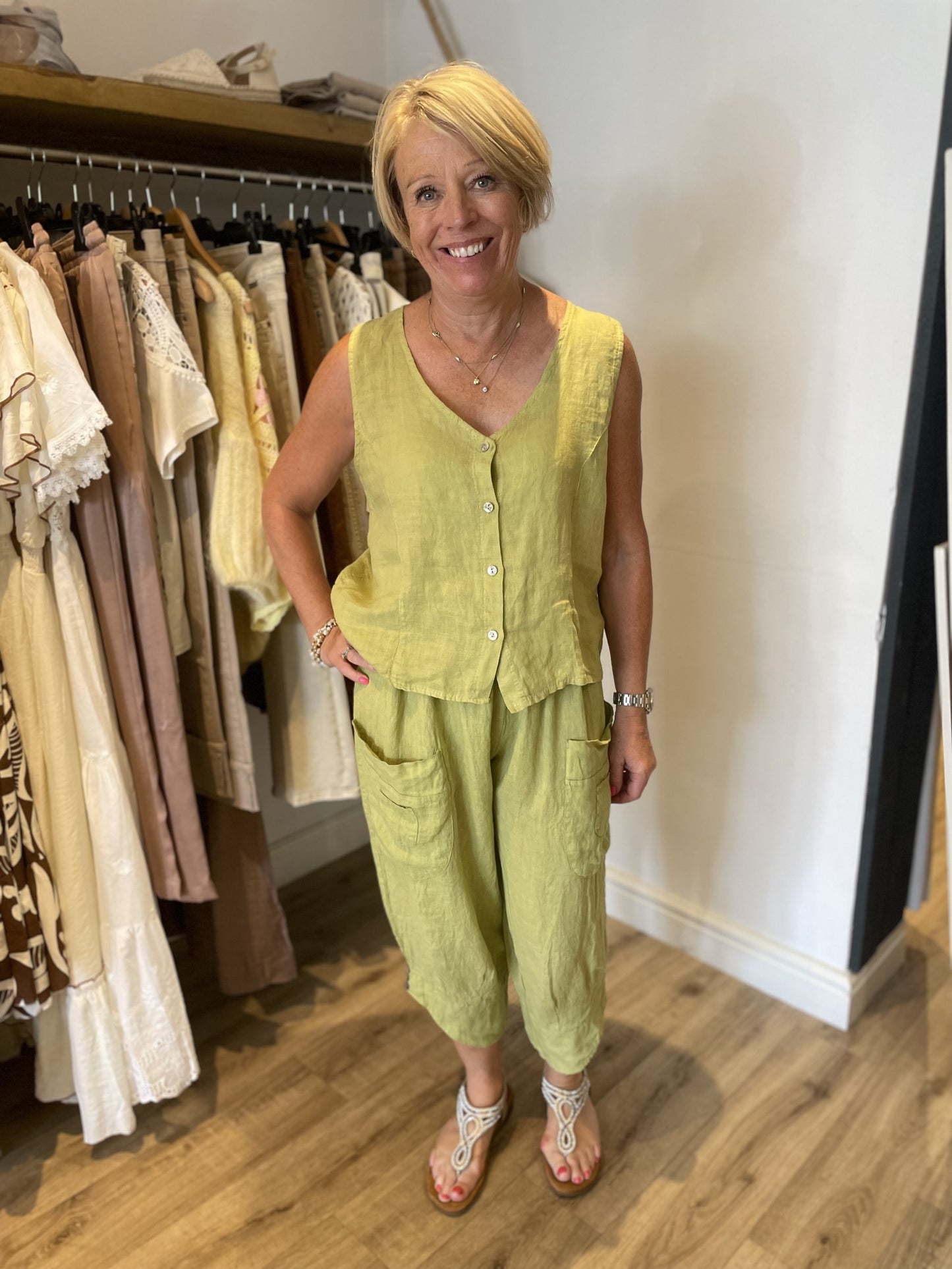 Lime Linen Button Waistcoat