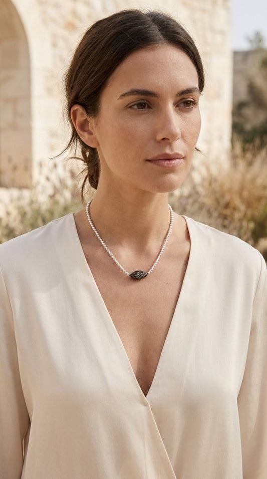 Short Silver Circle Link Necklace with Crystal Detail