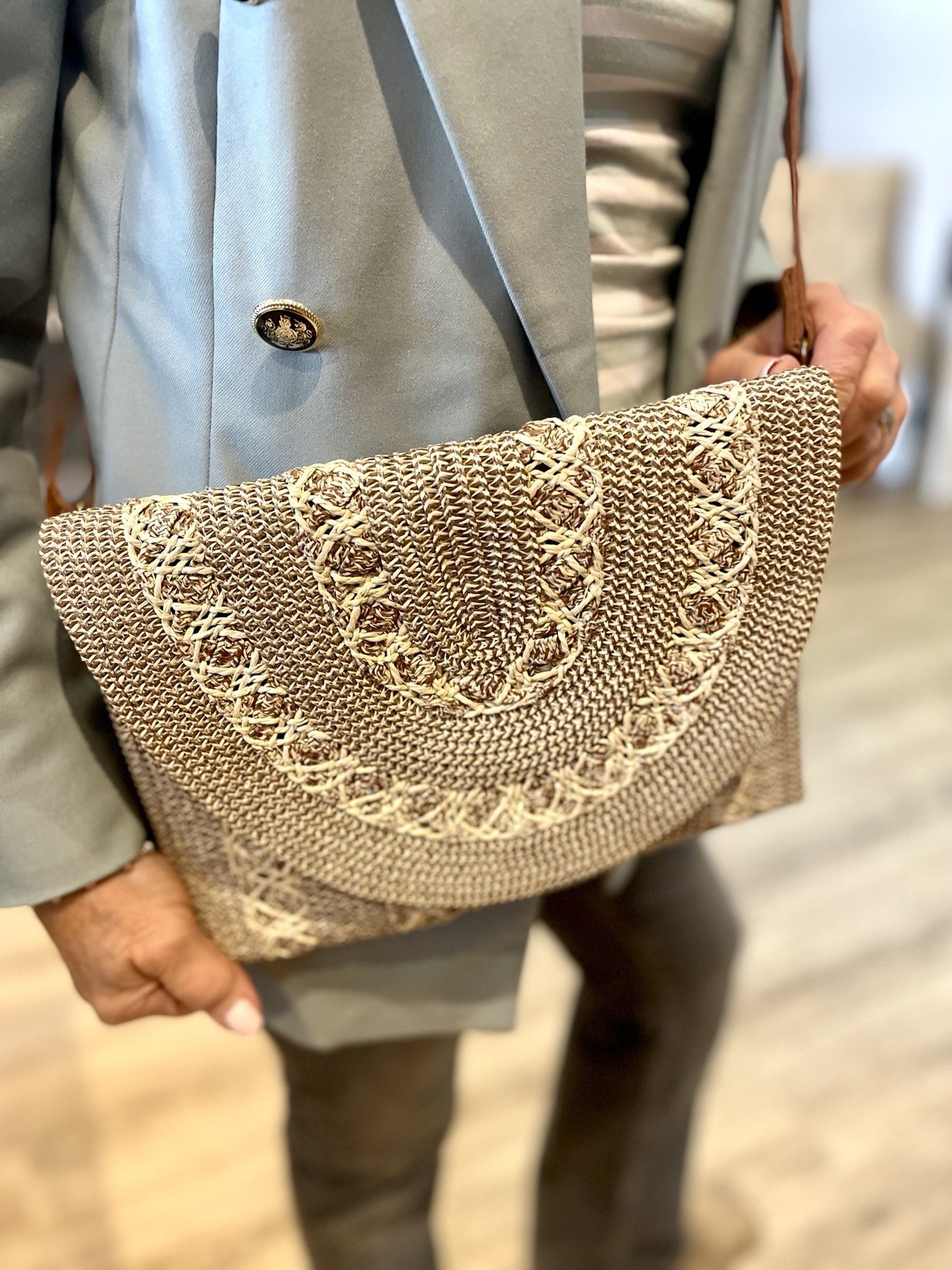 Brown & Cream Natural Raffia Bag