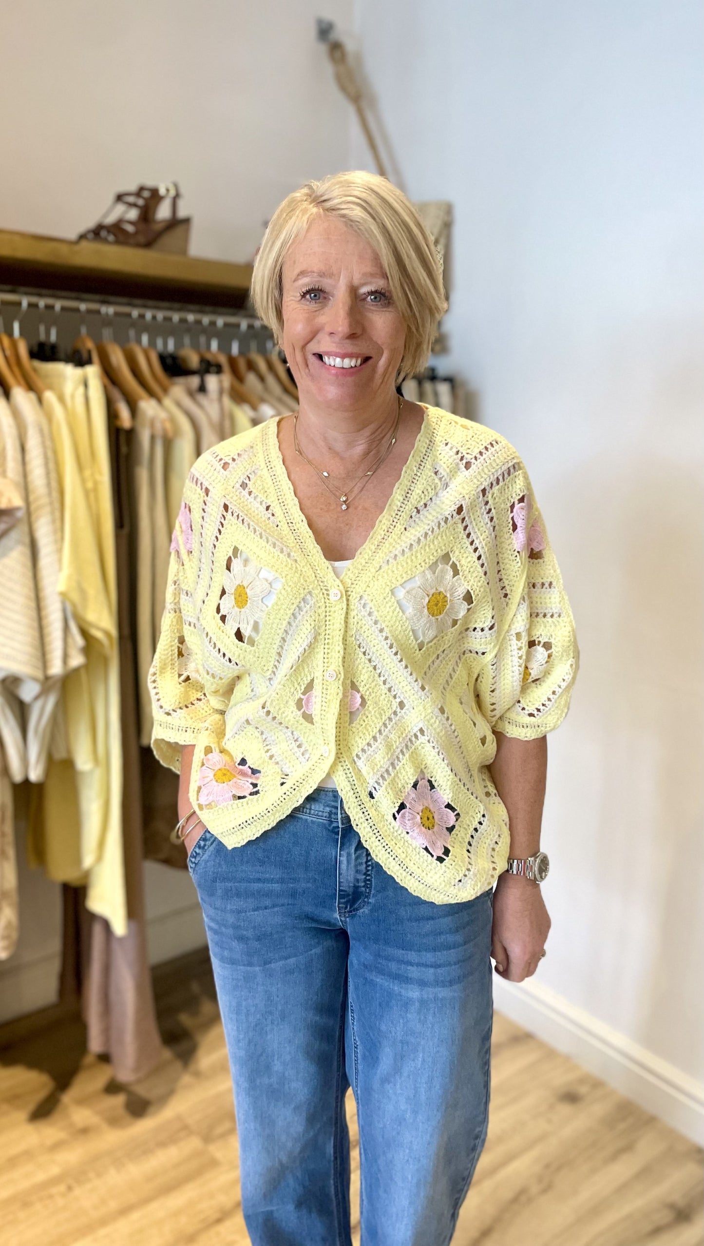 Lemon Bat Wing Crochet Knit 3 Button Cardigan