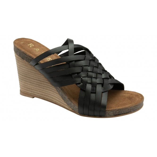 Black Leather Troon Wedge Mule Sandals