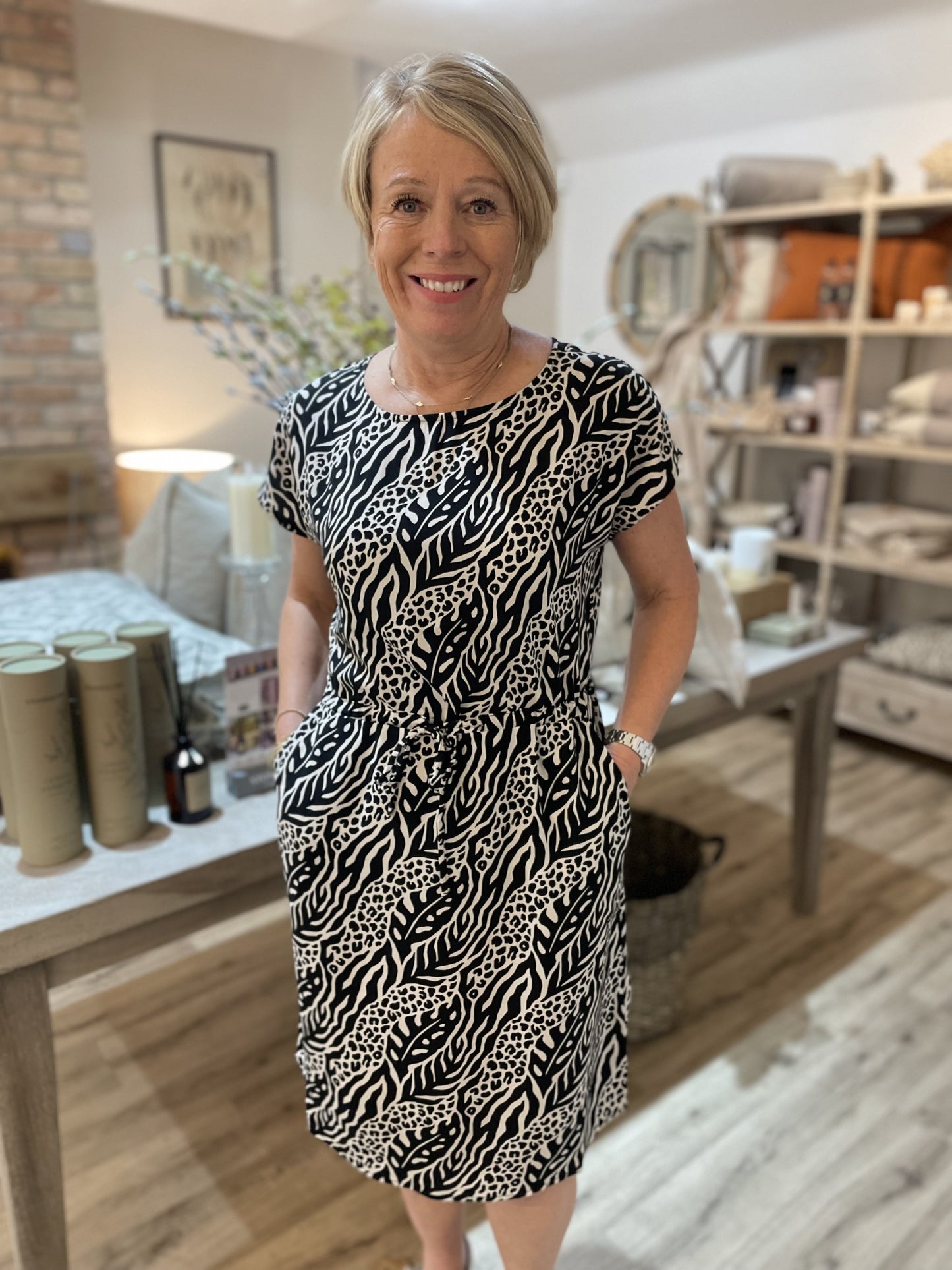 Black & Cream Print Joella Boat Neck Dress