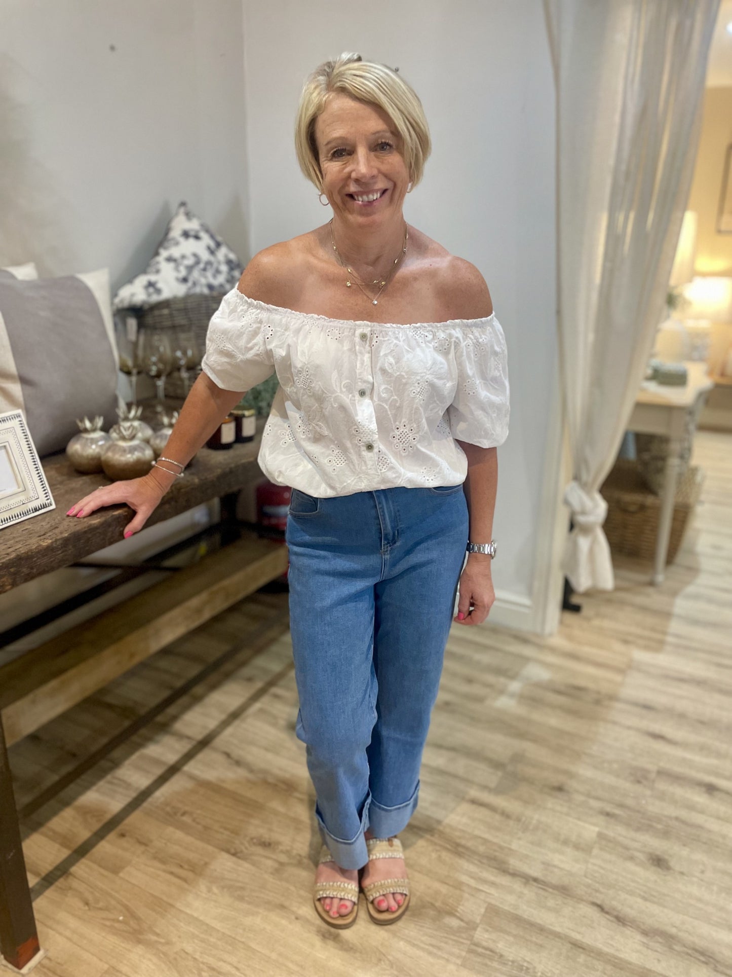 White Broderie Bardot Top