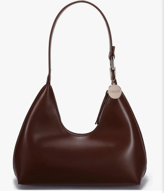 Coffee Leather Crescent Handbag