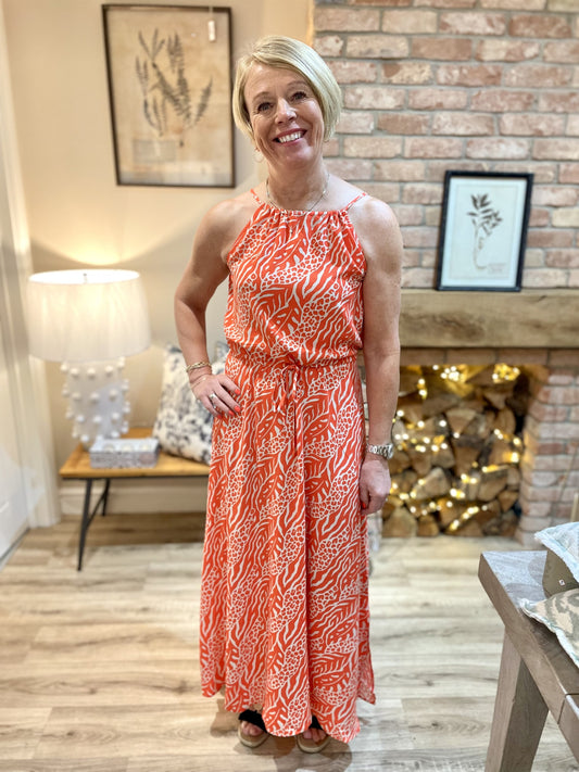 Coral & Cream Print Halterneck Maxi Dress