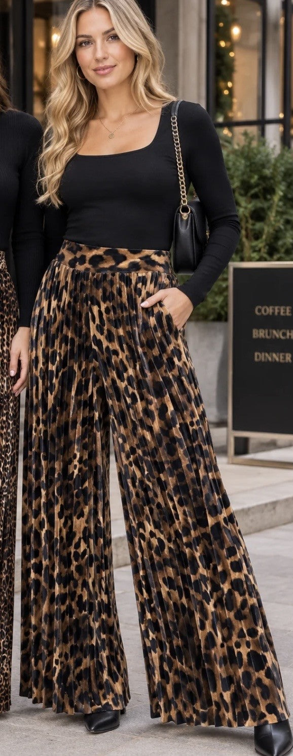 Plisse Velvet Velour Wide Leg Trousers with Large Leopard Print