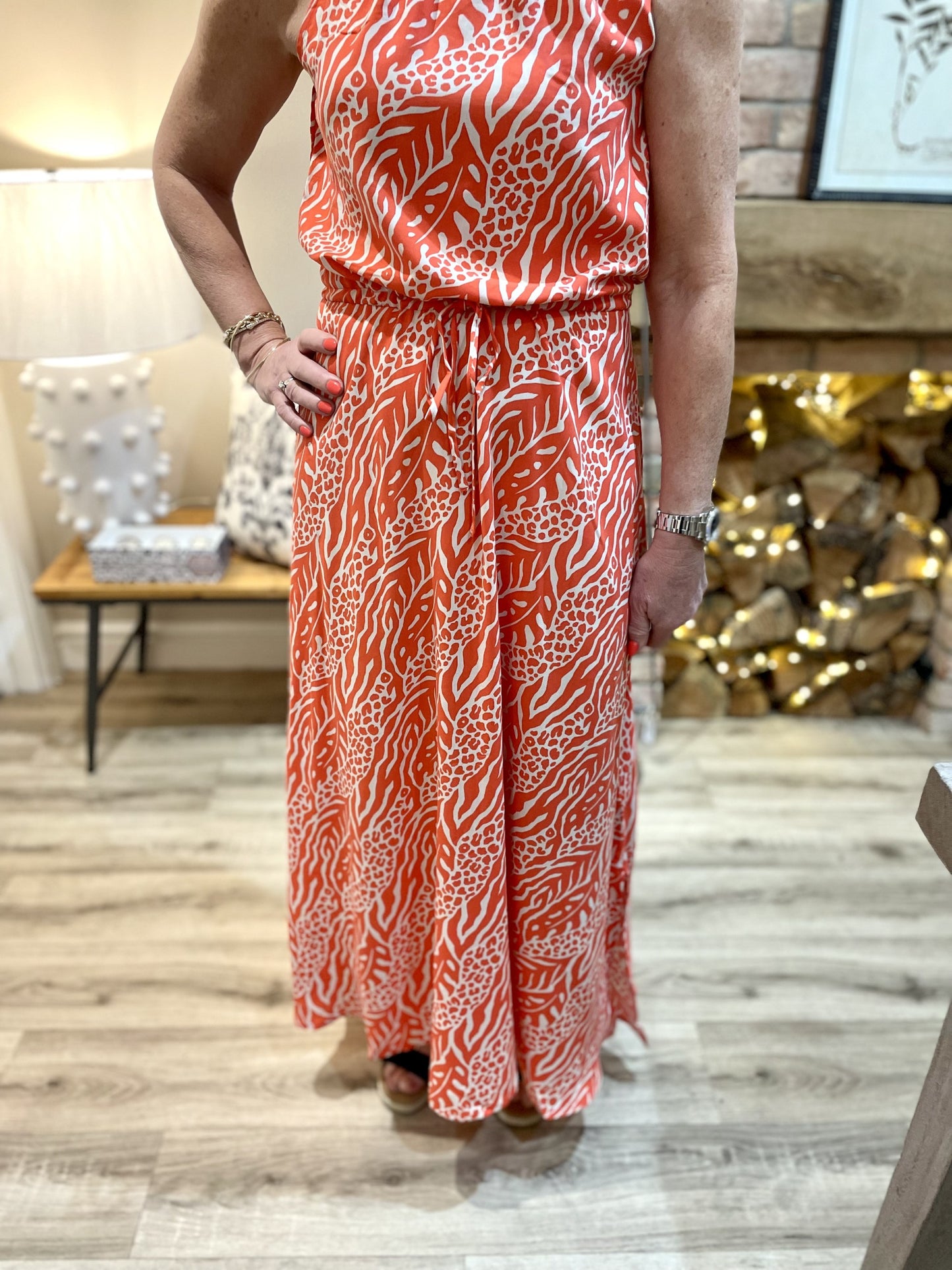 Coral & Cream Print Halterneck Maxi Dress