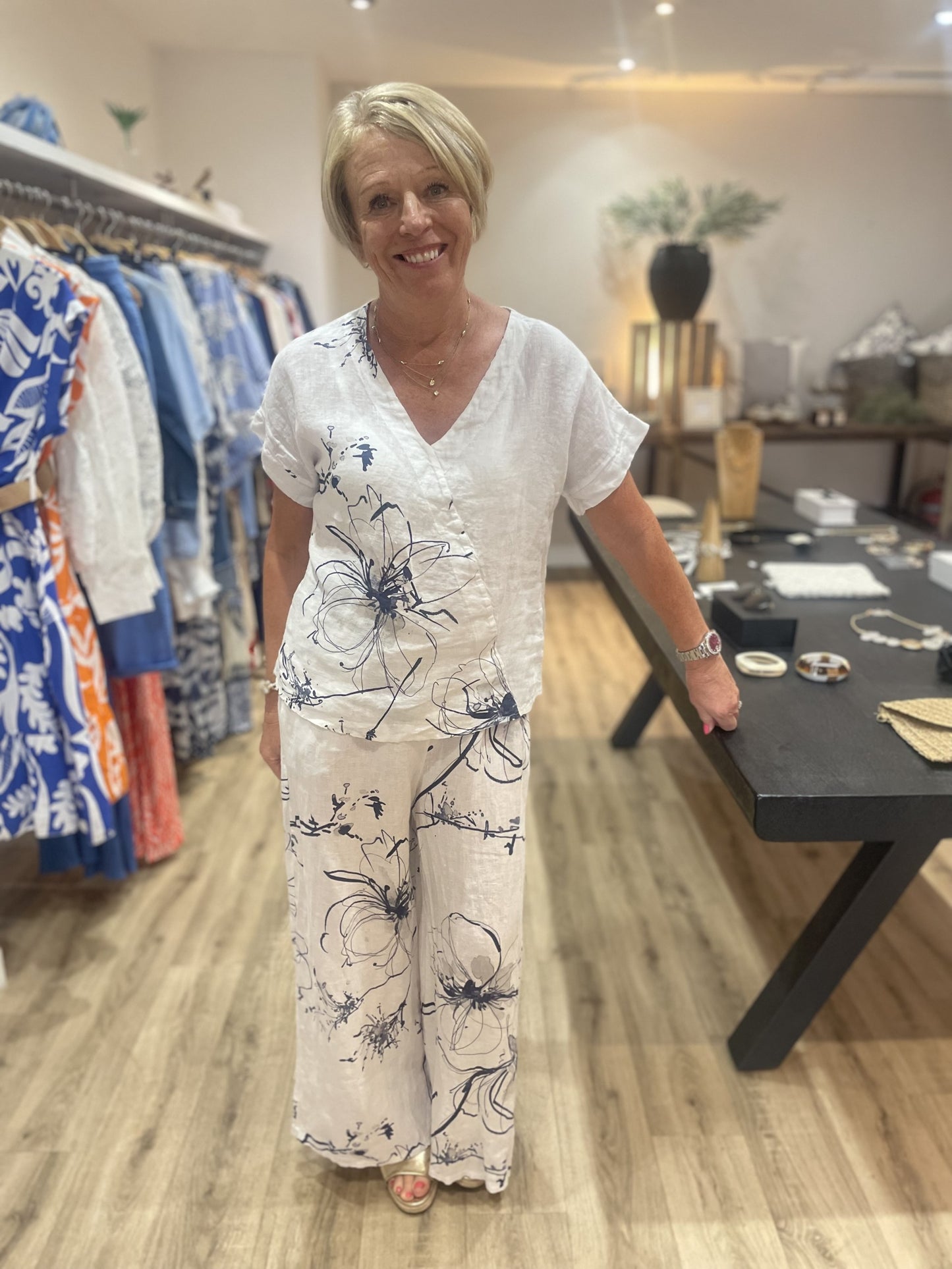 White Floral Print Wide Leg Trousers
