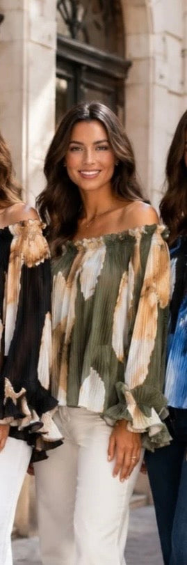 Khaki & Tan Printed Off The Shoulder Top