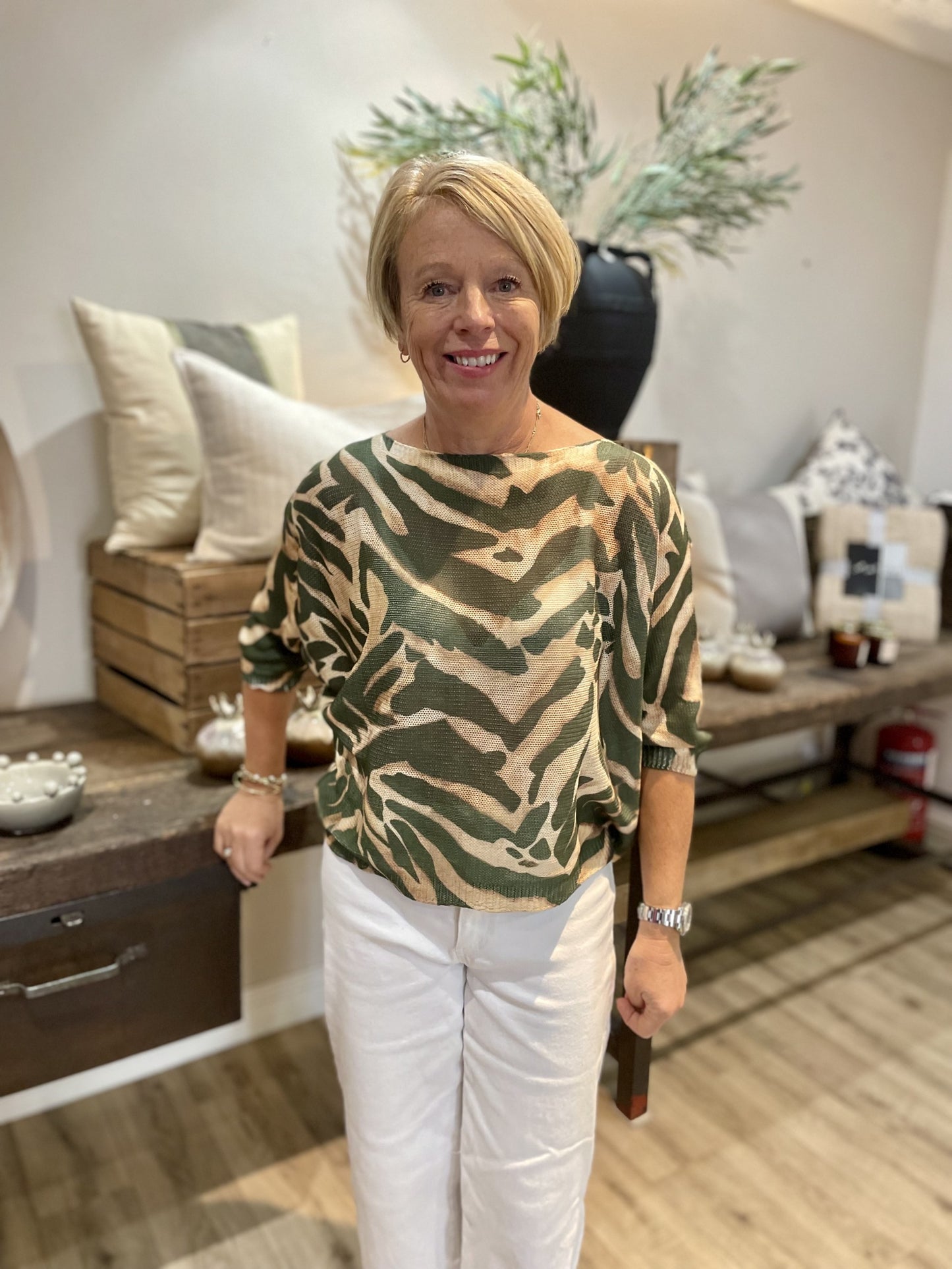 Khaki Zebra Print Mesh Top