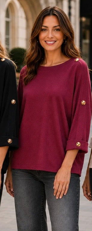 Burgundy Gold Button Shoulder Oversized Knit Jumper