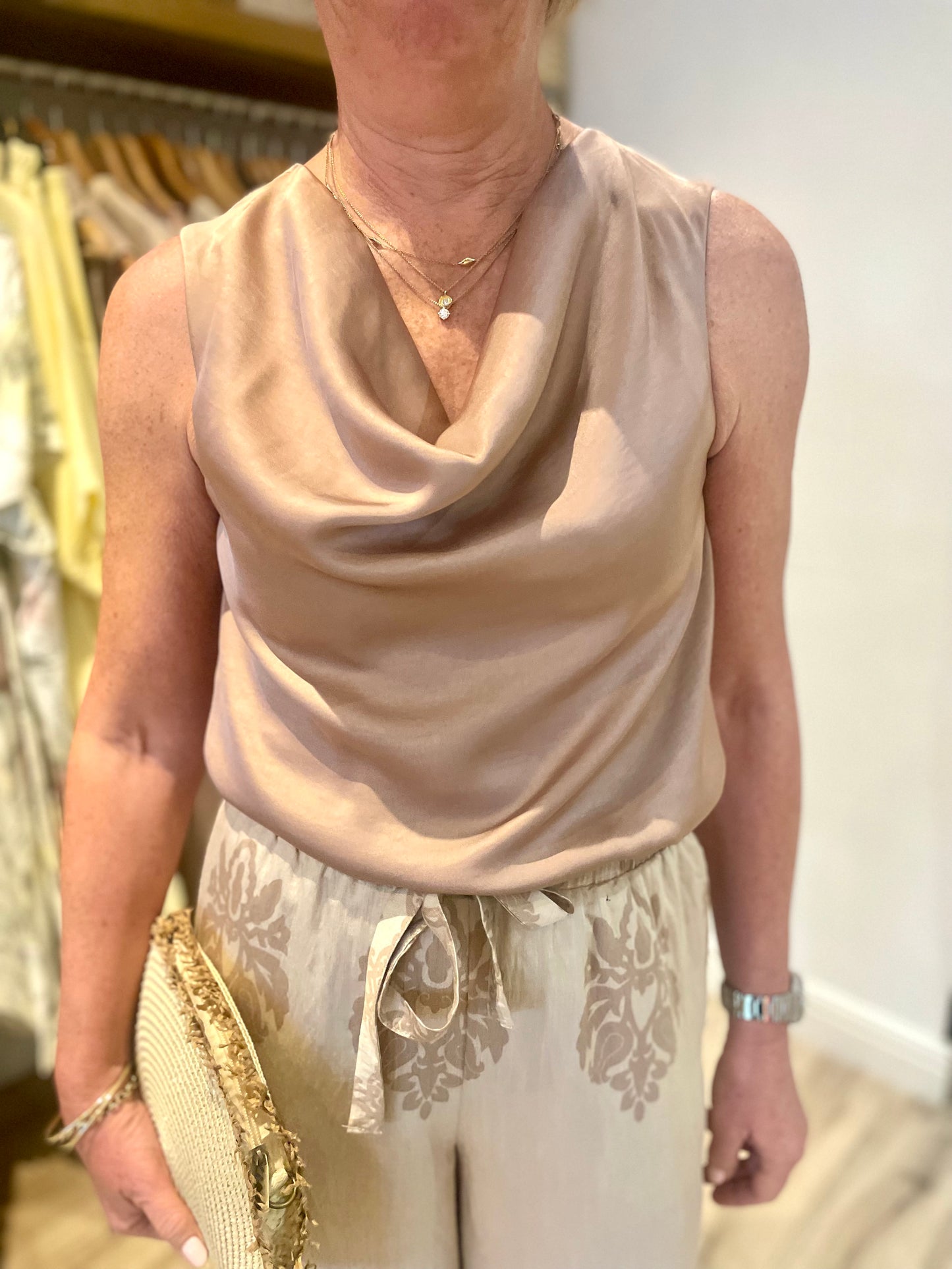 Sleeveless Cowl Neck Satin Blouse