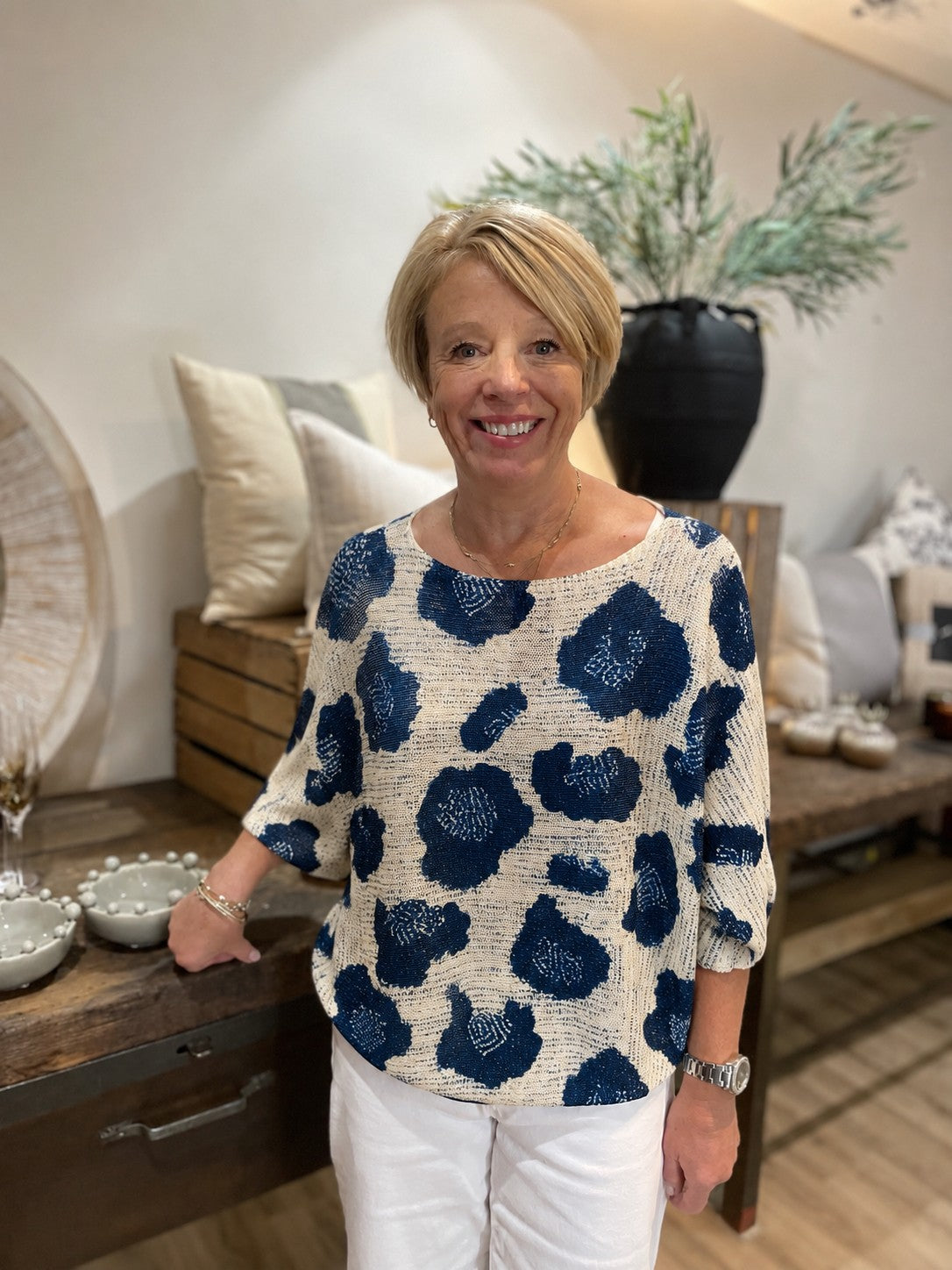 Blue Flower Print Mesh Top