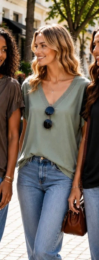 V Neck Gold Edge Sage Green Sateen Top