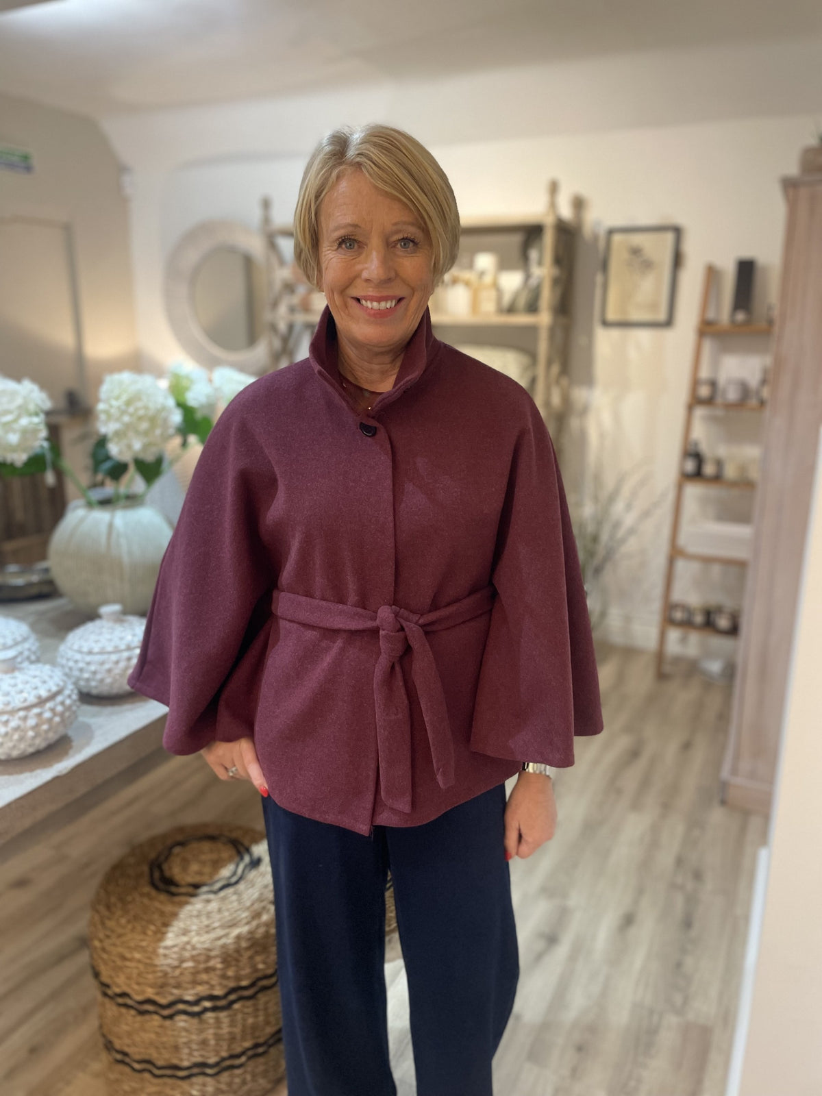 Burgundy Button Neck Belted Cape