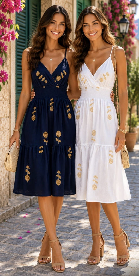 Navy Embroidered Sunflower Midi Sundress