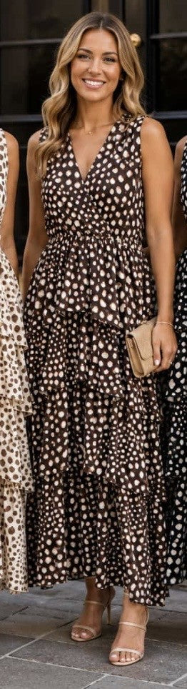 Chocolate Brown Tonal Print Sleeveless Frilled Dress