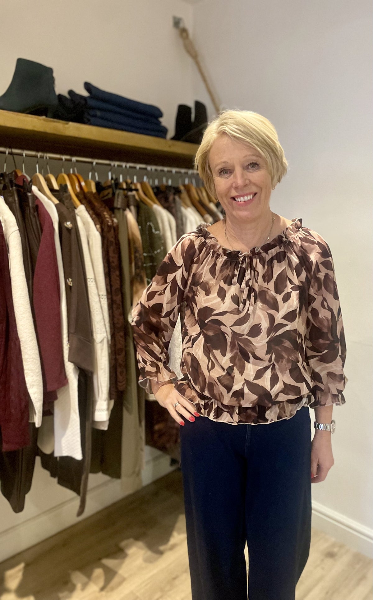 Black & Tan Contrast Leaf Ruffle Frill Bardot Blouse
