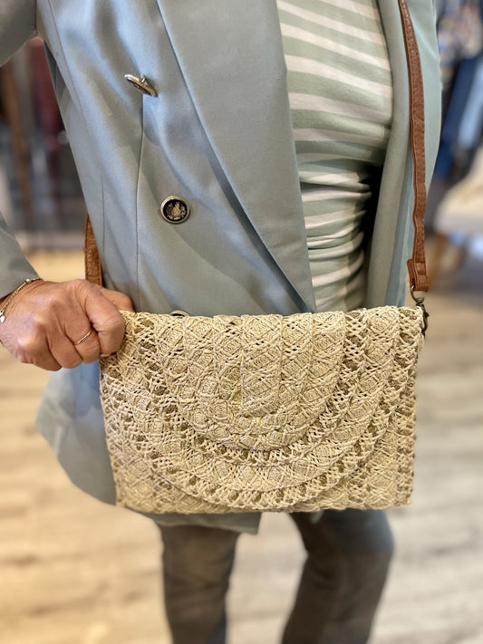 Cream Natural Raffia Bag with Gold Metallic Thread