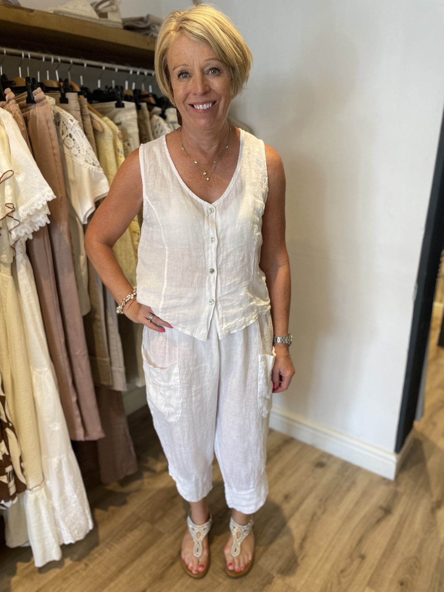 White Linen Button Waistcoat