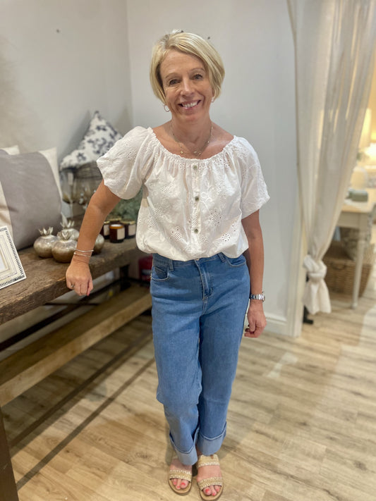 White Broderie Bardot Top