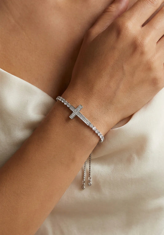 Envy Adjustable silver diamante cross bracelet