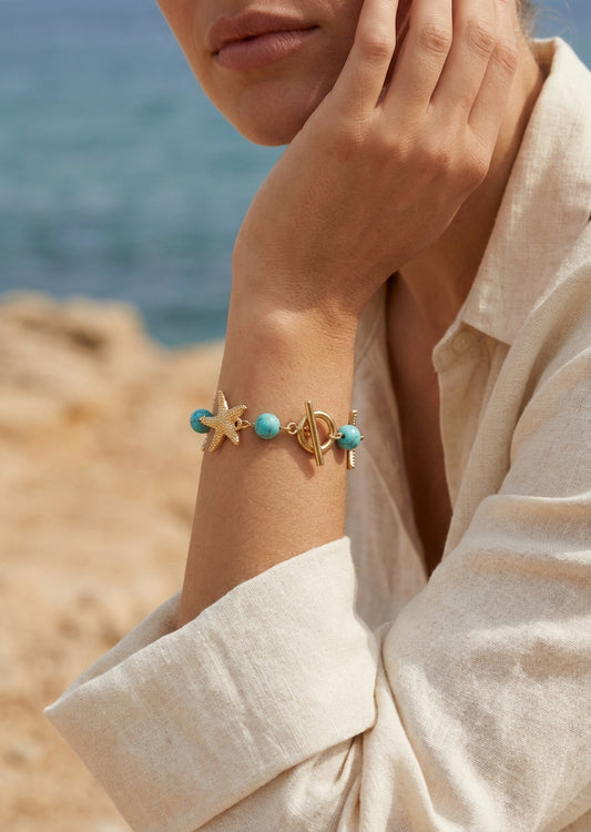 Envy Gold starfish and turquoise bead bracelet