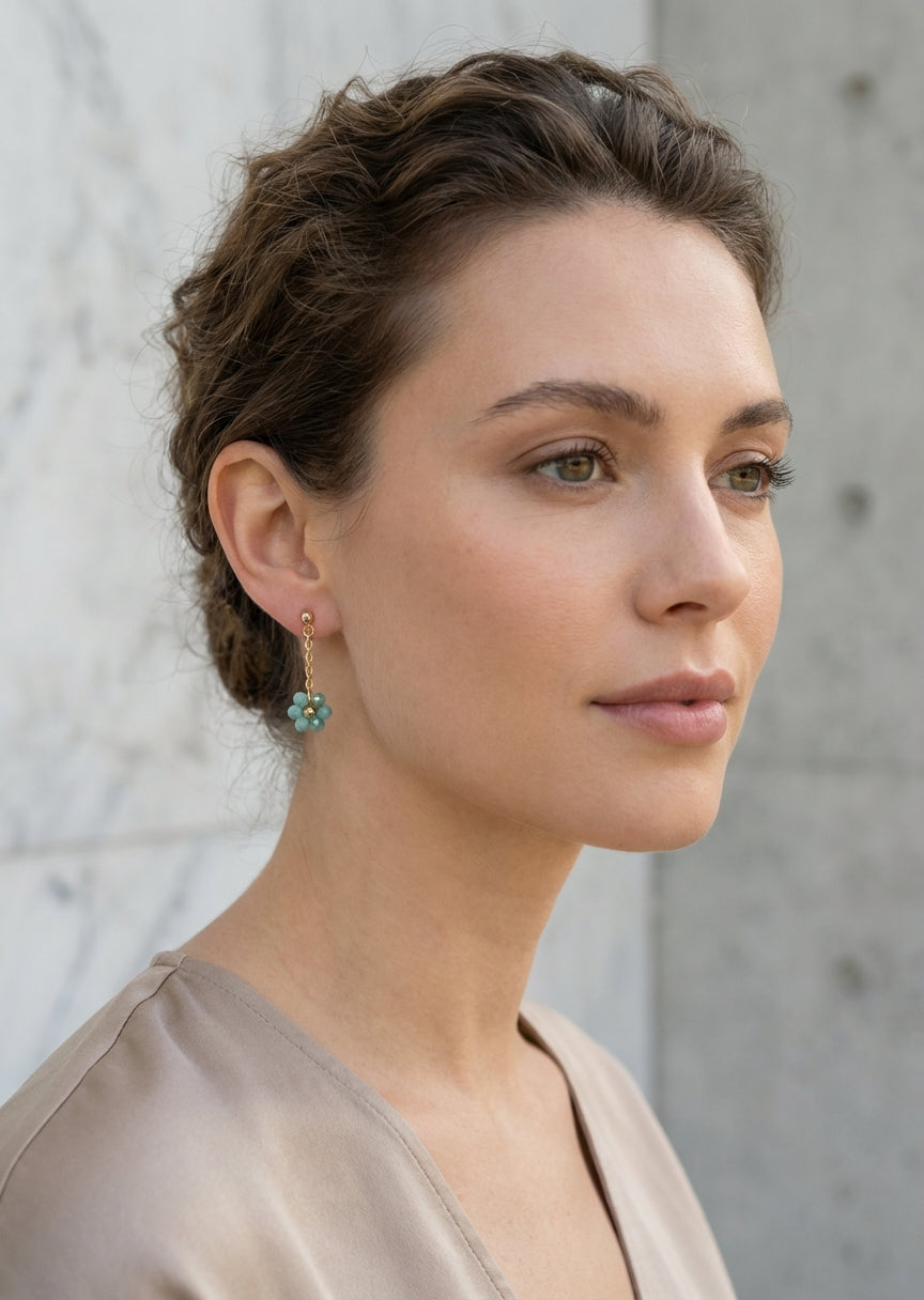 Envy Gold chain stud earrings with aqua daisies